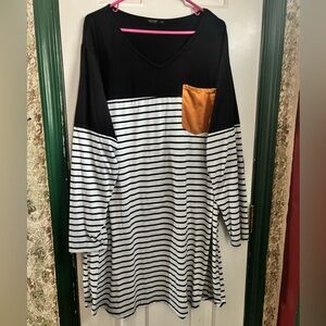 Black and White Striped Long Sleeve Dress with faux suede patches